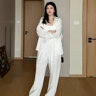 兩件套夏季 松弛感防曬襯衫 大碼 闊腿褲 微胖mm顯瘦休閑套裝 女裝 新款