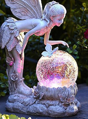 新款童话花仙子摆件花园水晶球女孩雕像太阳能灯装饰品树脂工艺品