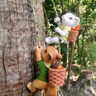 庭院花园家居兔子爬绳树脂工艺装 饰品吊摆壁挂件树木可爱生动阳台