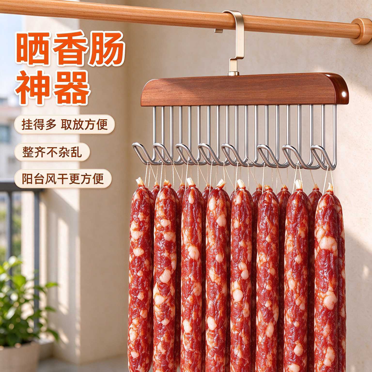 晒腊肠神器室外阳台晾肉架多功能挂猪肉腊肉香肠晾晒架晾香肠挂钩