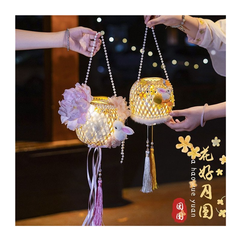 中秋节古风手工藤编成品灯笼手提发光花灯汉服拍照道具