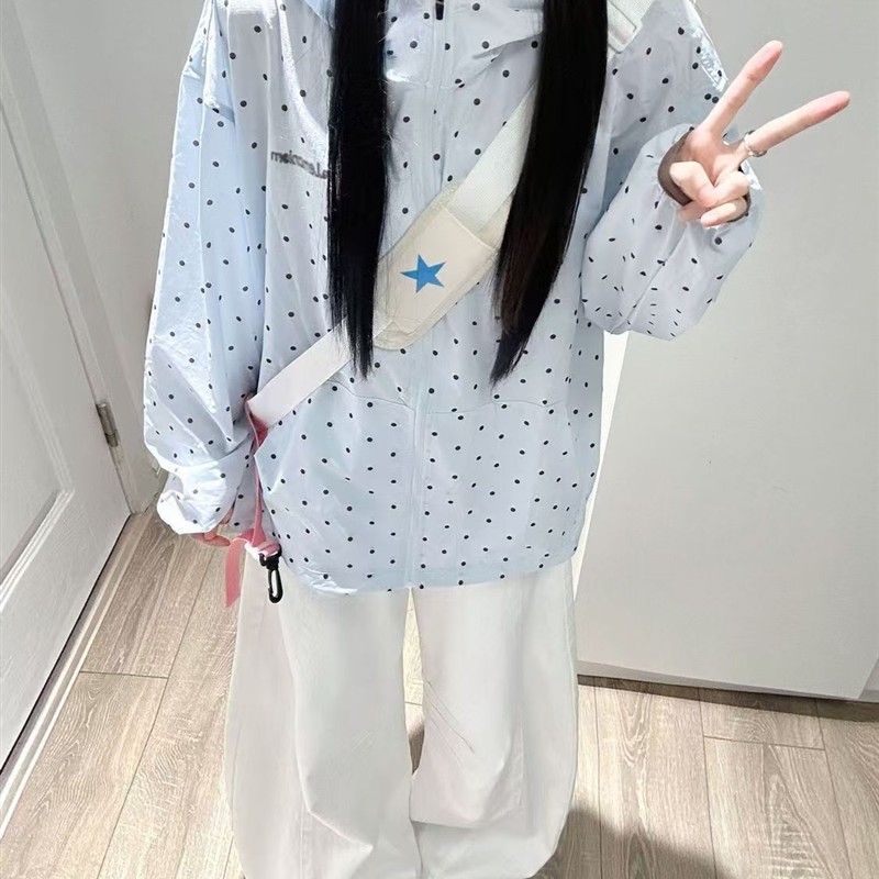 韩系蓝色波点防晒衣夏季新款宽松轻薄防晒服户外凉感外套长袖上衣
