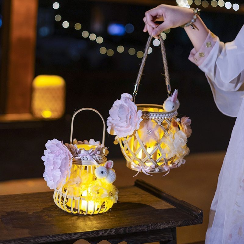 中秋节古风手工藤编成品灯笼手提发光花灯汉服拍照道具