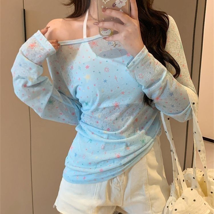 辣妹一字肩上衣长袖罩衫星星T恤印花防晒夏季薄款ins修身上衣发完