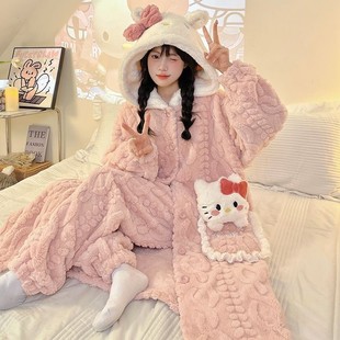 珊瑚绒可爱睡袍长款秋冬季天加厚加绒卡通睡衣女法兰绒家居服套装