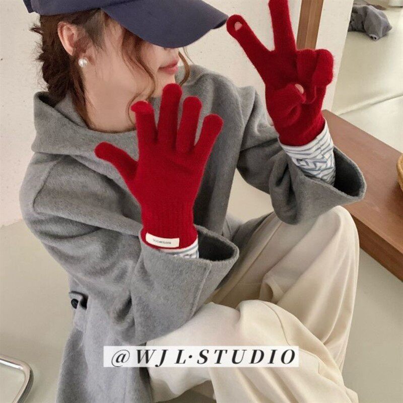 纯羊毛~100%羊毛纯色针织手套 女五指加厚保暖露指触屏 毛线冬手