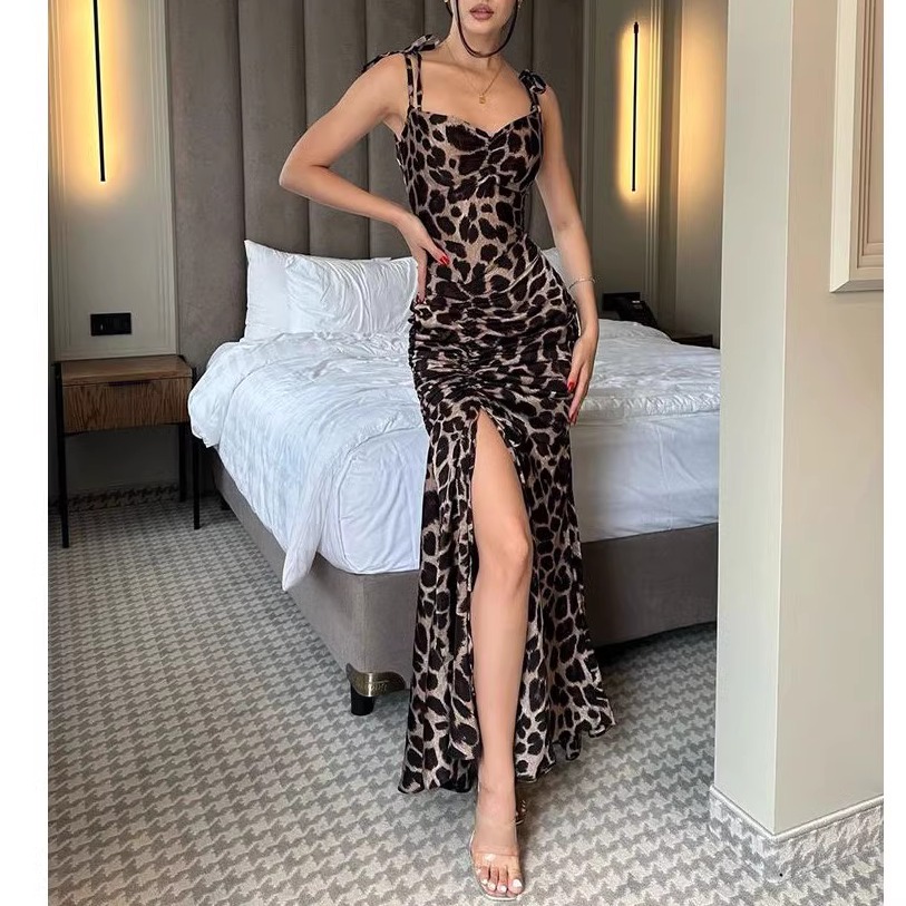Leopard print split pleated waist dress豹纹印花收腰连衣裙