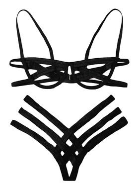 Sexy Strap Split Hollow Underwear Set 性感绑带分体镂空内衣套