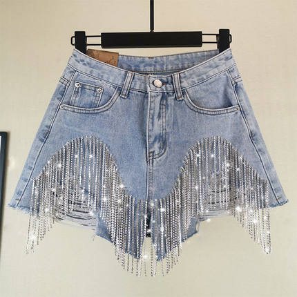 High Waist Tassel Chain Denim Shorts高腰流苏链条牛仔短裤女士