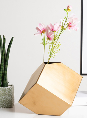 北欧几何花瓶正方形金属金色桌面家居软装饰品摆件创意艺术花盆