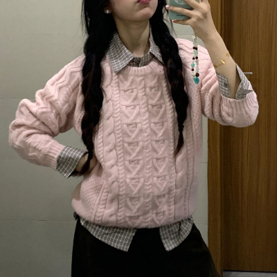韩系粉色麻花毛衣女秋冬季新款慵懒针织衫外套高级感内搭衬衫上衣