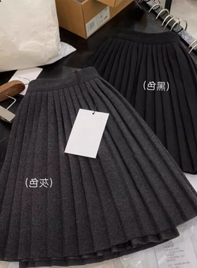 miu系灰色百褶裙高腰针织半身裙女春秋毛呢裙子小个子半裙a字短裙
