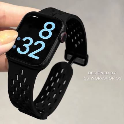 适用苹果手表S9磁吸表带硅胶透气iwatch87SE折叠扣华强北运动腕带