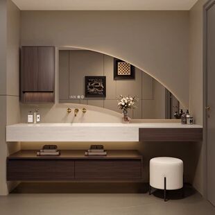 意式简约岩板无缝一体梳妆台浴室柜组合卫生间洗漱台洗手盆定制