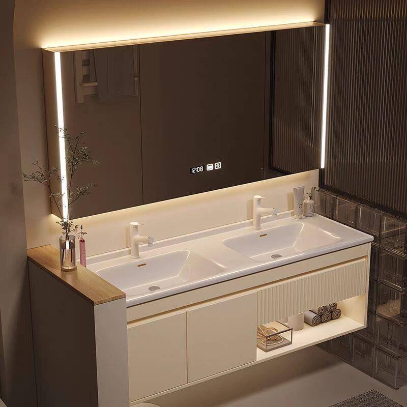 简约陶瓷一体双盆橡木烤漆浴室柜组合卫生间洗漱台洗手洗脸柜定制