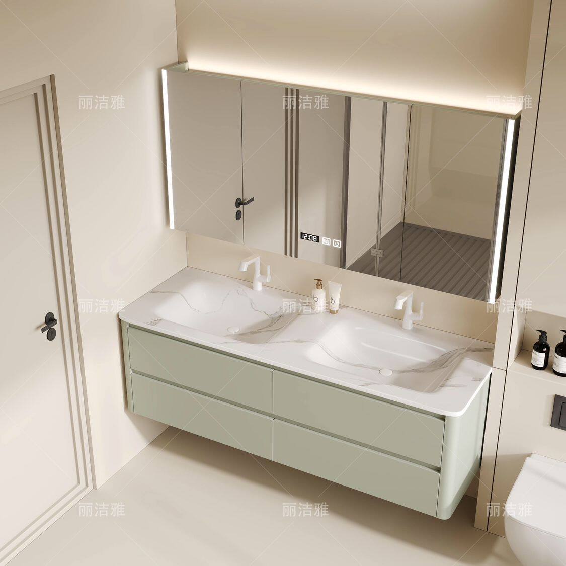 智能岩板热弯一体双盆橡木浴室柜组合肤感简约洗漱台洗手洗脸盆柜