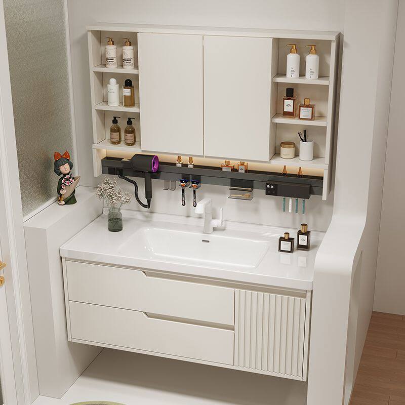 奶油橡木浴室柜风水镜多功能置物架隐藏式镜子洗手洗脸盆柜组合