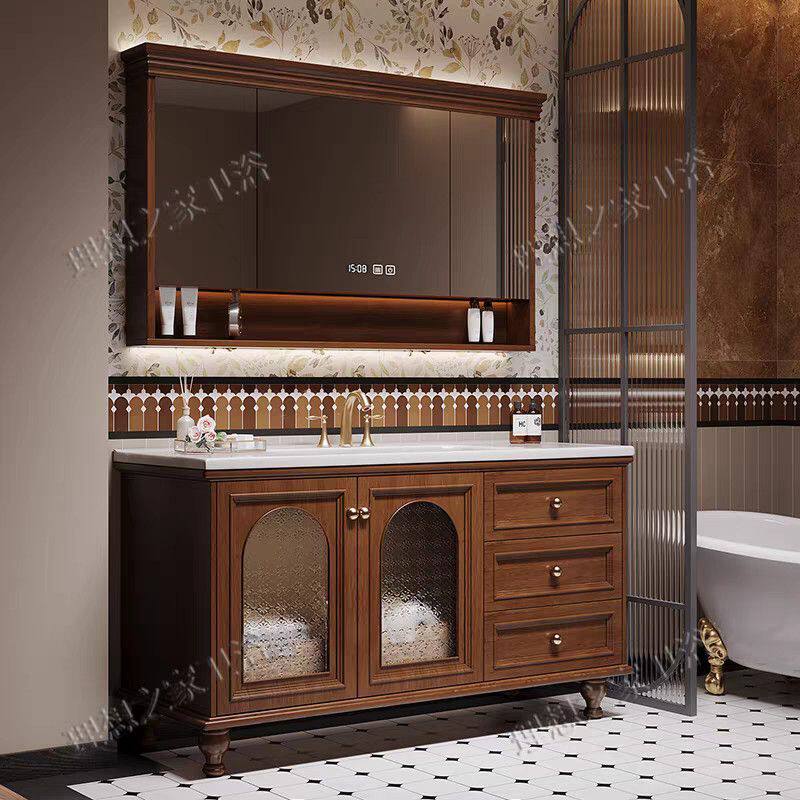 新款橡木法式中古风复古浴室柜洗脸盆落地式组合美式洗手洗漱台