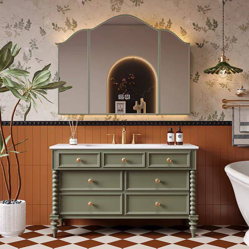 新款法式复古浴室柜洗脸盆落地式组合岩板美式洗漱台洗手盆谈绿色