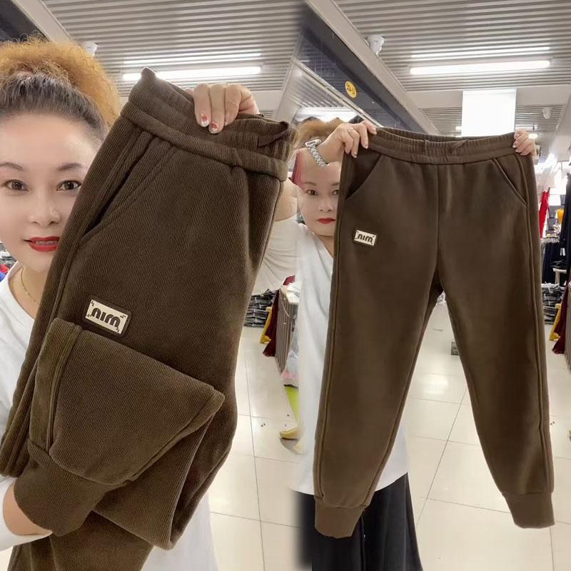 冬季新款羊羔毛加绒休闲裤女高腰显瘦束脚裤百搭哈伦裤遮肉运动裤