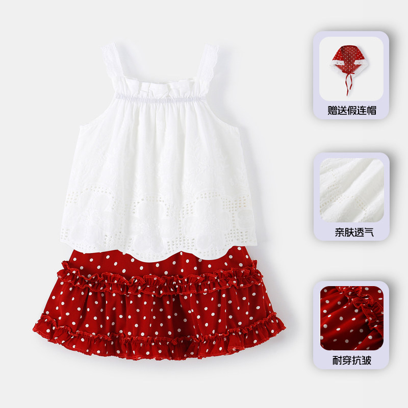 女童套装夏季新款洋气宝宝吊带上衣婴儿短袖T恤中小童波点裙下装