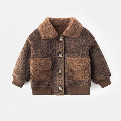 男童加绒毛毛外套2025新款秋冬儿童豹纹皮毛一体宝宝羊羔加厚上衣