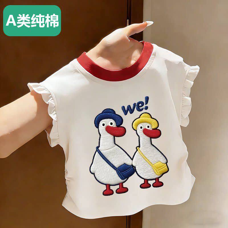 全棉纯棉女童飞袖T恤可爱公主印花拼色儿童夏装无袖圆领100%纯棉