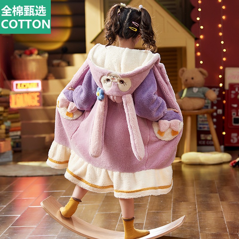 全纯棉时代儿童睡衣法兰绒秋冬季女童睡袍珊瑚绒浴袍加厚大童女孩