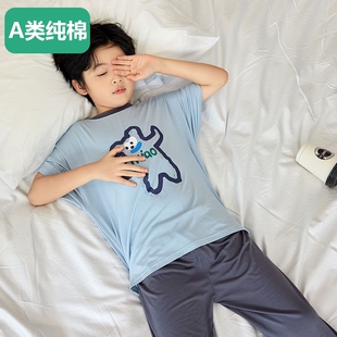 全棉春秋季儿童睡衣短袖七分裤套装男女童睡衣男孩莫代尔中大童家