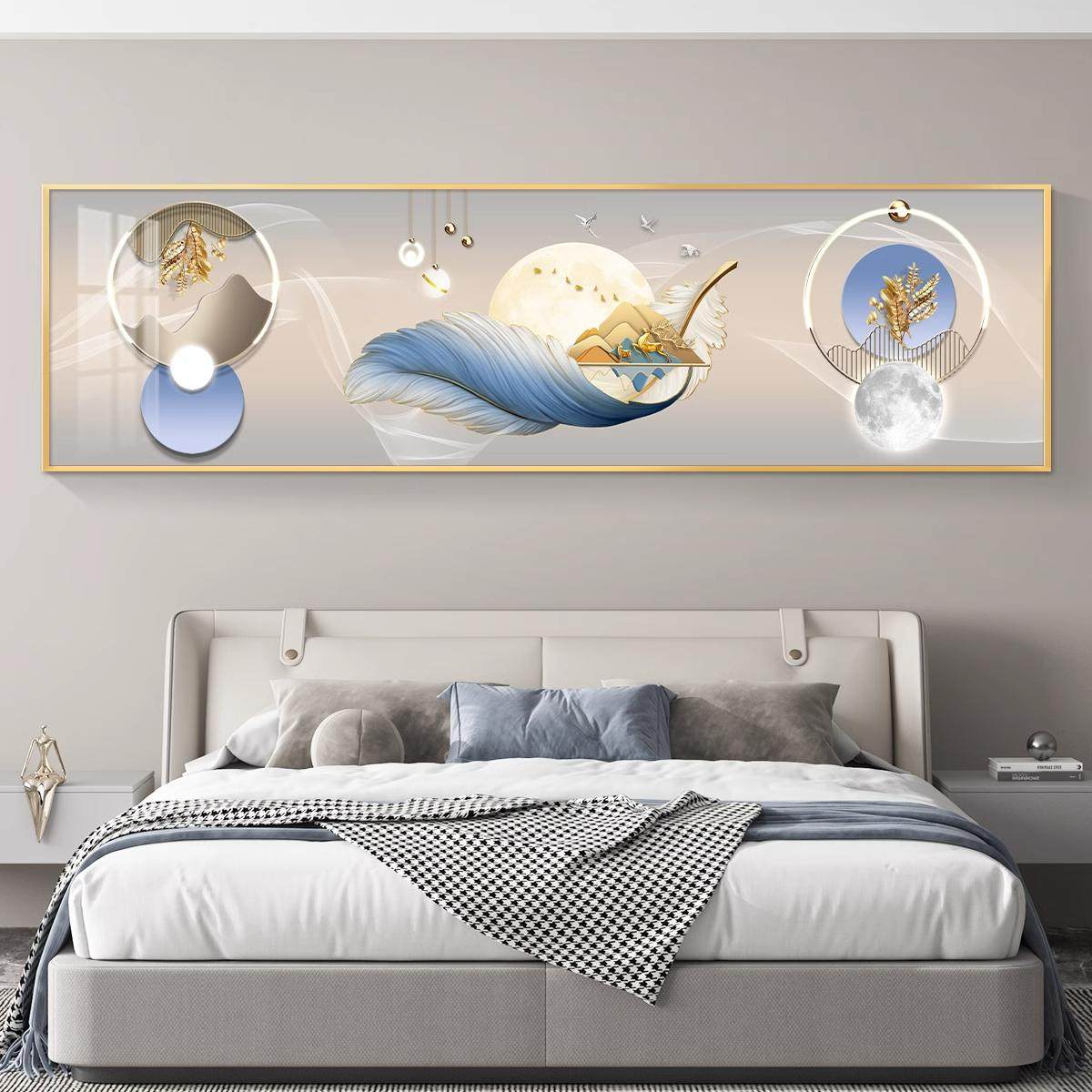 轻奢床头羽毛卧室装饰画高级感主卧房间现代简约挂画壁画横幅高档