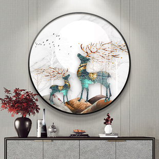 轻奢风客厅入户门圆形吉祥福鹿风景装饰画玄关镶钻晶瓷画挂画壁画