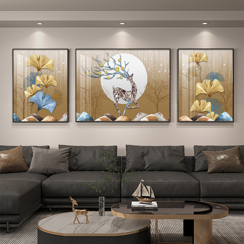 现代轻奢客厅装饰画银杏叶沙发背景墙壁画大气高级感麋鹿三联挂画