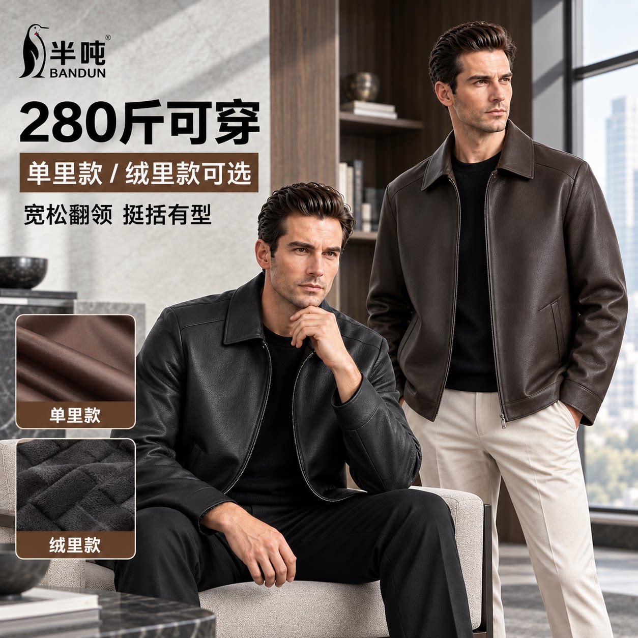 半吨大码男士商务休闲翻领皮衣外套pu皮男装行政风上衣3240L