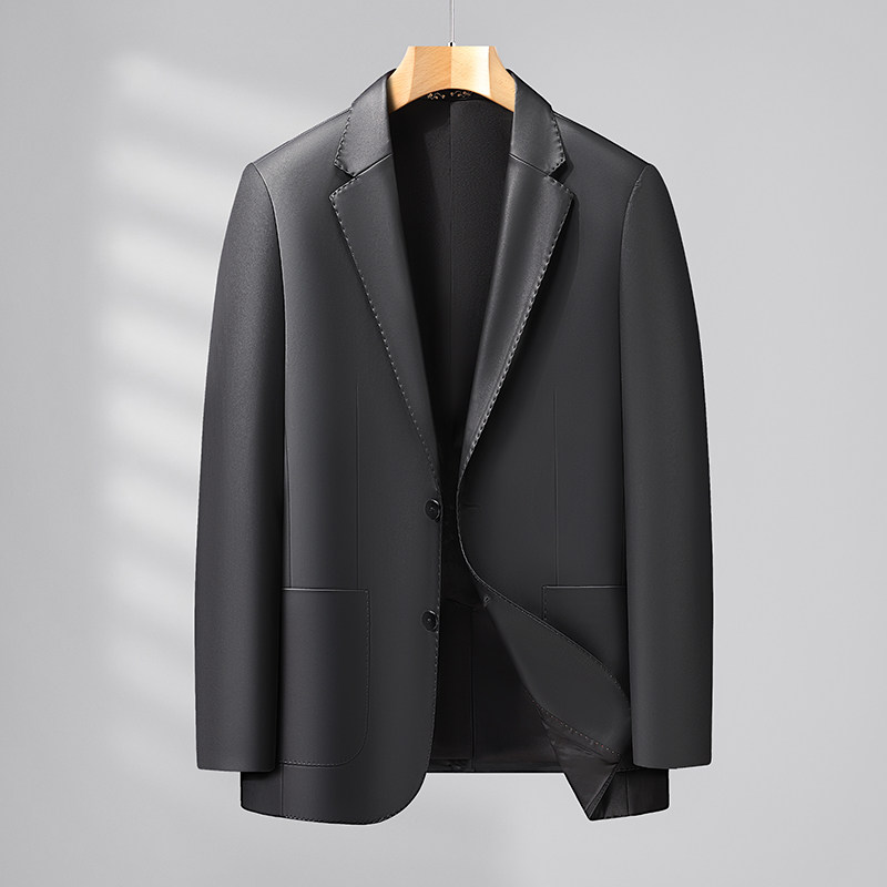 半吨秋季大码男士休闲pu皮西服秋新款宽松百搭皮西装外套26976L