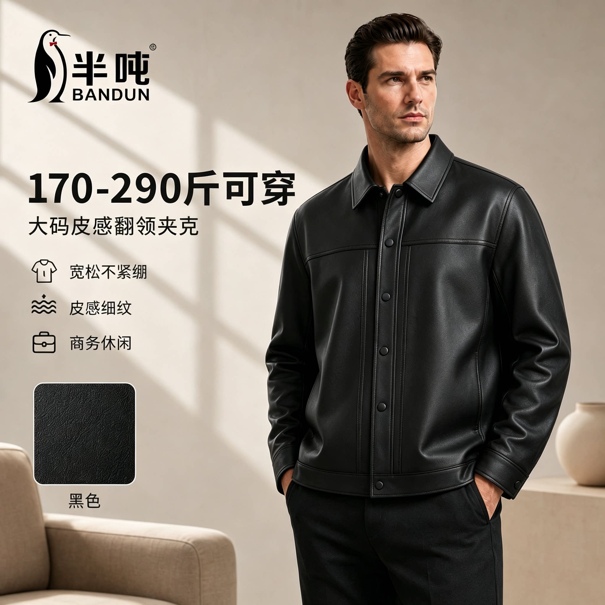 半吨大码男装pu皮衣哑光纯色翻领夹克宽松男士商务休闲老钱582972