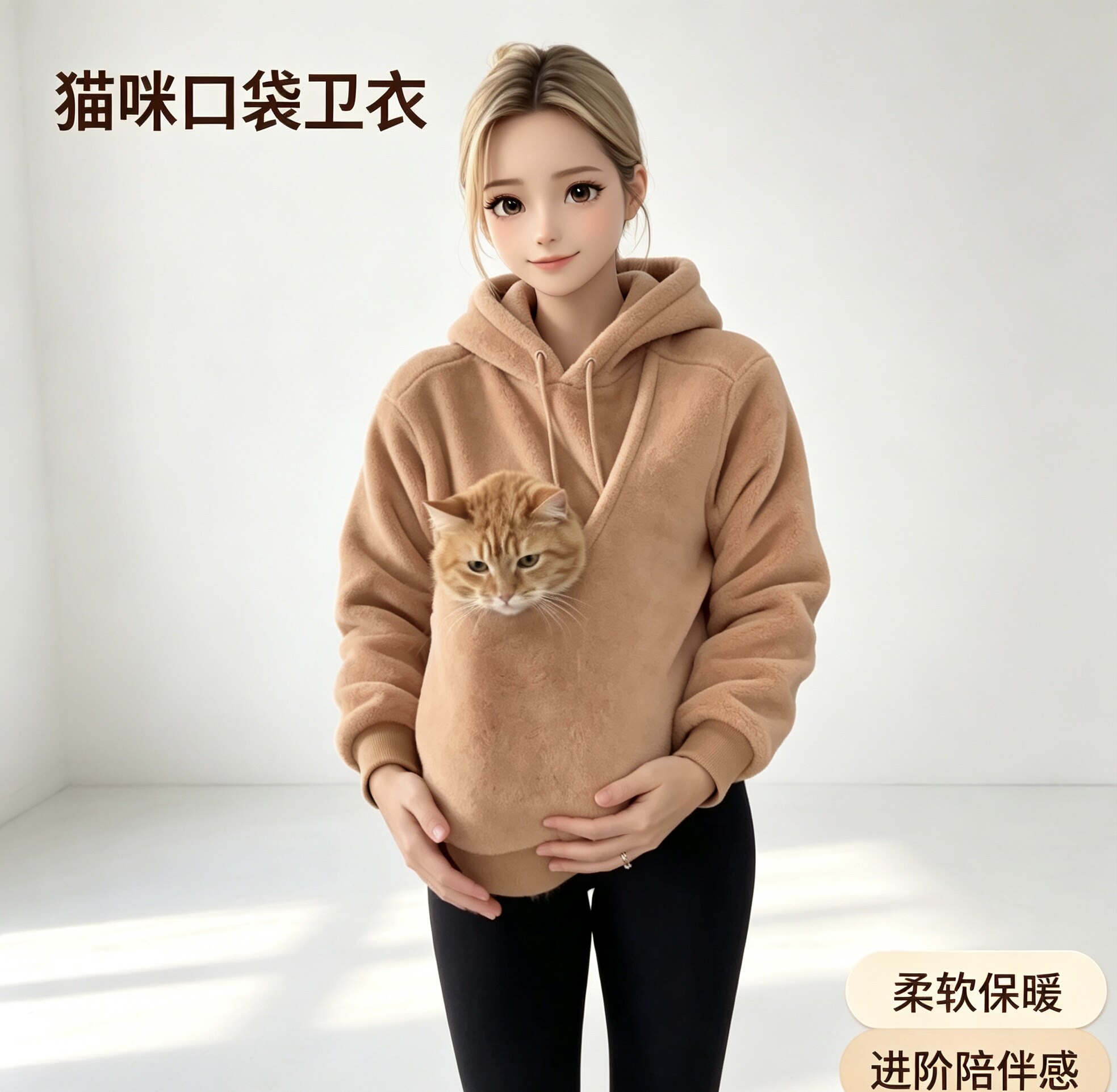 新款法兰绒袋鼠兜大口袋带宠出行卫衣大容量上衣