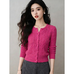 树莓粉色奶fufu软糯长袖开衫针织衫女春秋韩系时尚减龄毛衣小外套