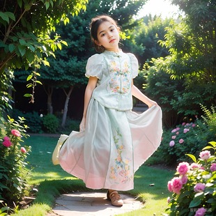 新中式 女童短袖 套装 上衣裙子 年衣童装 2024夏款 女孩中国风唐装