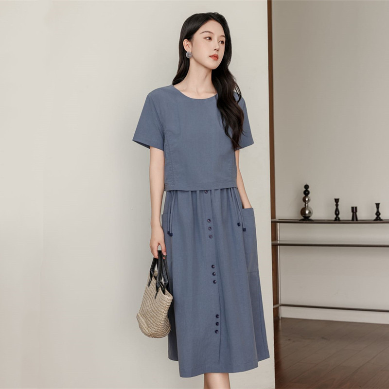 布亨好品质通勤圆领短袖上衣半身裙两件套女夏季新款宽松休闲套装
