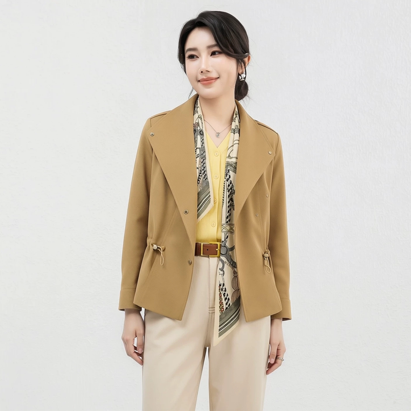 设计感丝巾抽绳收腰短款风衣外套