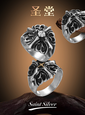 BloodyourMary血腥玛丽圣堂十字戒指男闭口925银镶钻复古潮流银饰