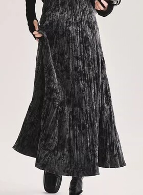 褶皱肌理感丝绒半身裙女2025秋冬新款高腰显瘦时尚加厚伞裙A字裙