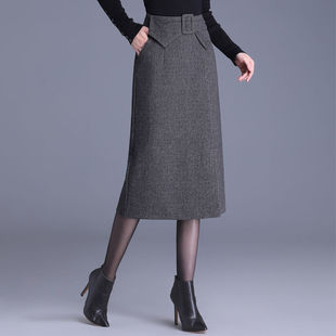 一步半身裙 腰包高腰百搭包臀裙显瘦开叉中长款 2024毛呢秋冬季 新款
