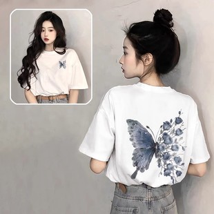 品牌外贸专柜撤回清仓捡漏 上衣女 纯棉蝴蝶印花短袖 T恤设计感半袖