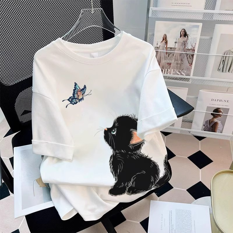 广州十三行夏季外贸~2025新款纯棉可爱小猫印花短袖T恤男女上衣服