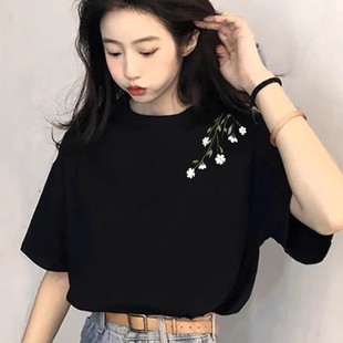 上衣服女 品牌外贸专柜撤回清仓捡漏 纯棉黑色短袖 T恤夏季 宽松半袖