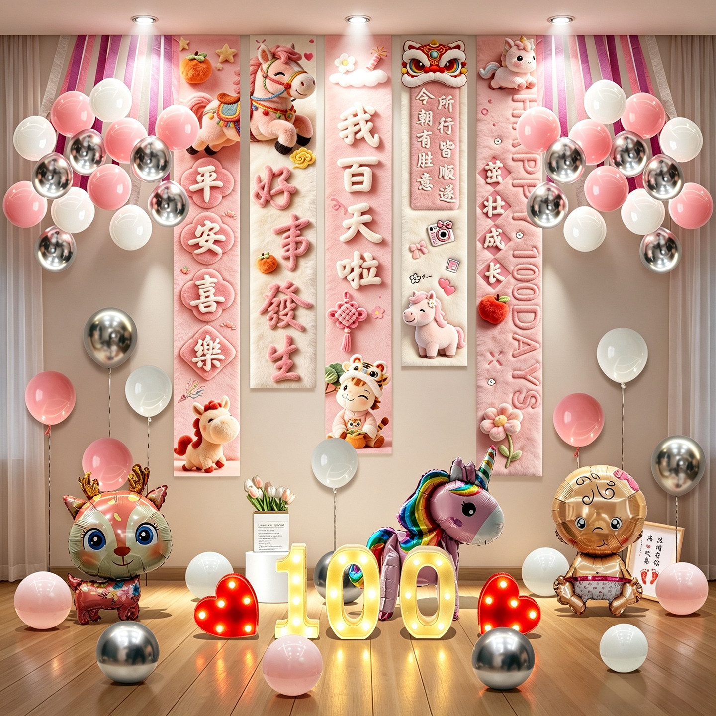 马宝宝百天满月装饰条幅百日宴氛围感场景布置背景墙挂布拍照道具
