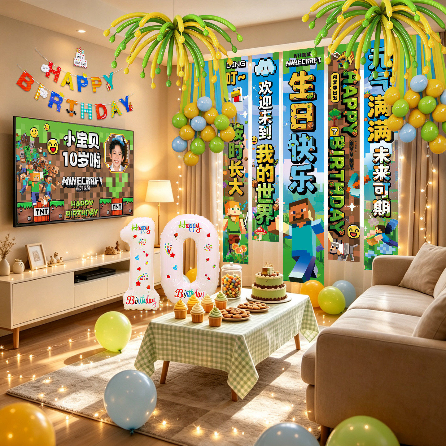 我的世界生日布置场景挂布装饰男孩10岁主题气球派对儿童氛围布置
