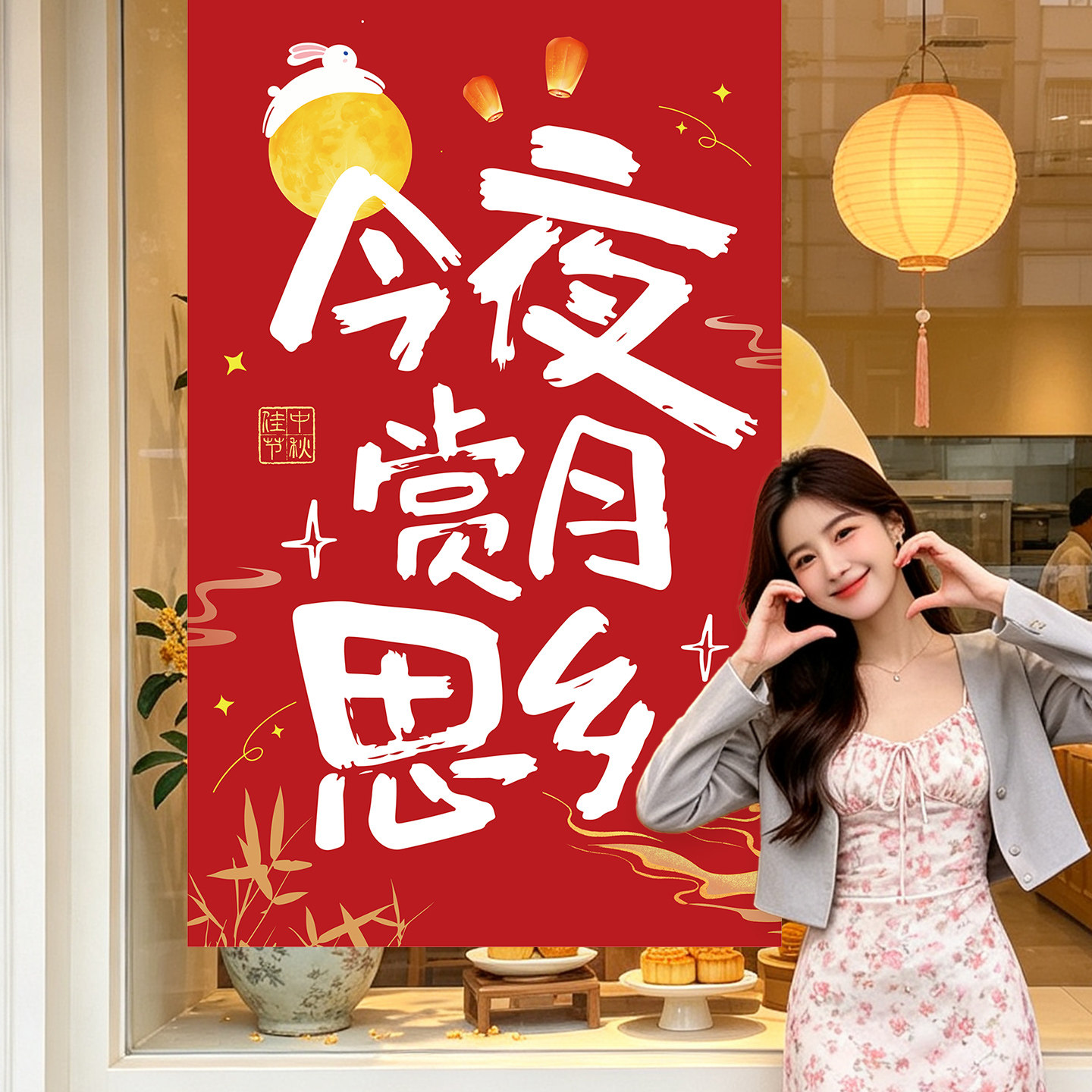 中秋节场景布置海报背景布商场店铺氛围橱窗装饰拍照打卡挂布条幅