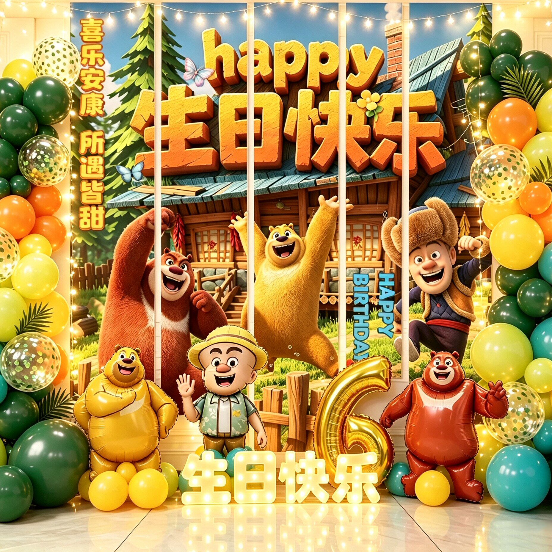 熊出没生日主题场景布置条幅挂布男女孩周岁气球派对装饰氛围背景
